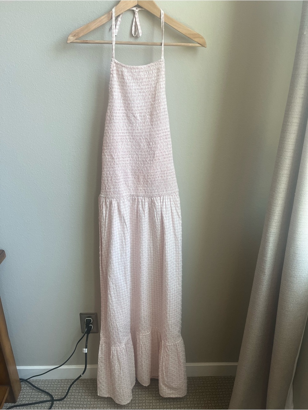 Swiss Dot Gingham Halter Maxi Dress Smocked Top Ruffle Tiered Skirt Cottagecore - Picture 9 of 10